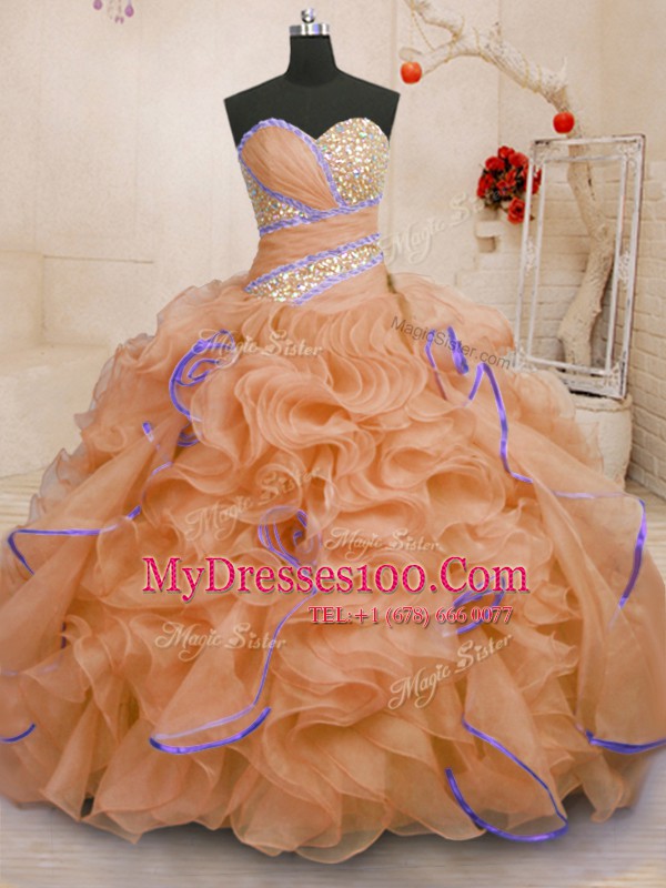 With Train Ball Gowns Sleeveless Orange 15th Birthday Dress Brush Train Lace Up