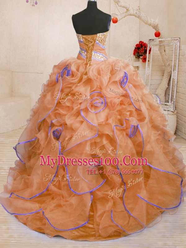 With Train Ball Gowns Sleeveless Orange 15th Birthday Dress Brush Train Lace Up