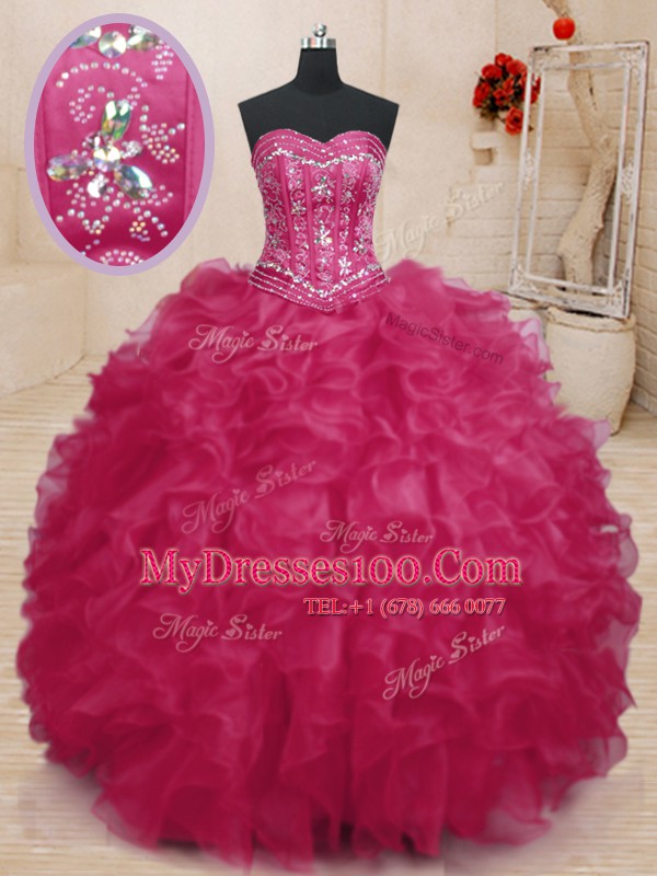 Sumptuous Coral Red Sleeveless Floor Length Beading and Ruffles Lace Up 15th Birthday Dress