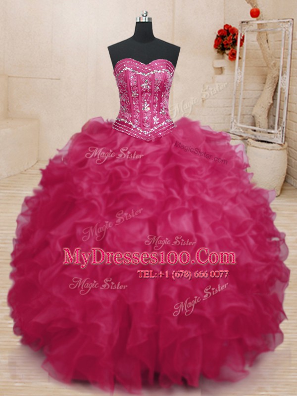 Sumptuous Coral Red Sleeveless Floor Length Beading and Ruffles Lace Up 15th Birthday Dress