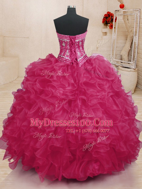 Sumptuous Coral Red Sleeveless Floor Length Beading and Ruffles Lace Up 15th Birthday Dress