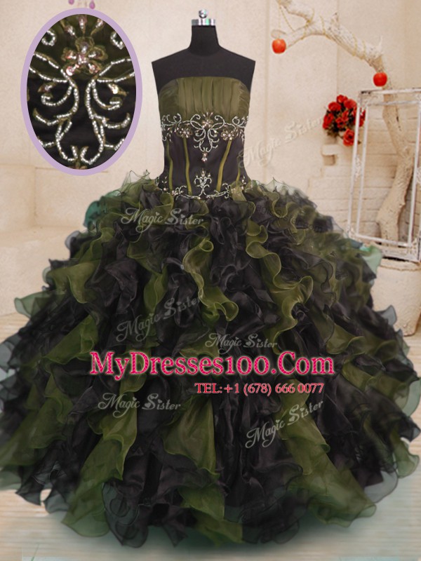 Inexpensive Multi-color Organza Lace Up Quinceanera Gown Sleeveless Floor Length Beading and Ruffles