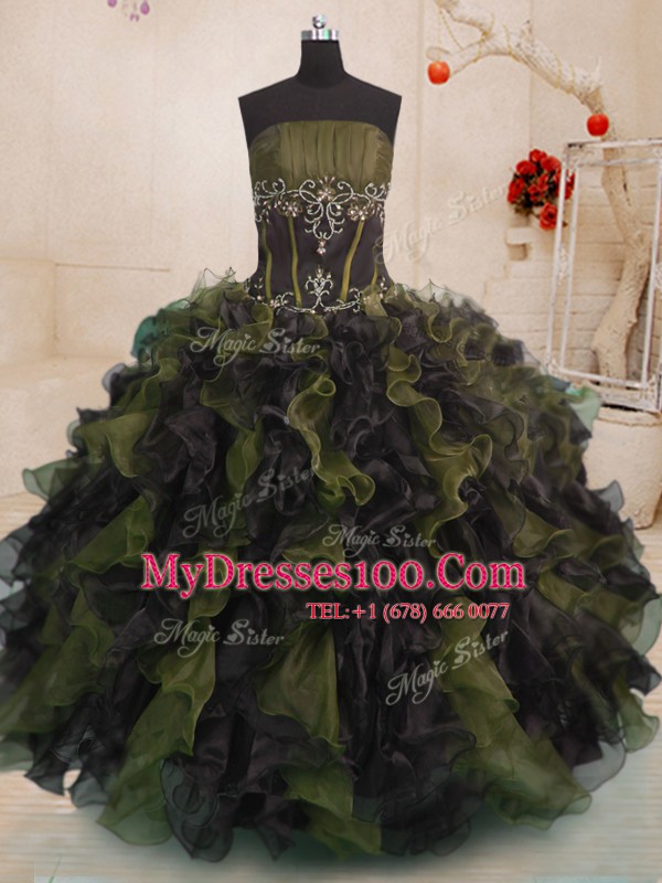 Inexpensive Multi-color Organza Lace Up Quinceanera Gown Sleeveless Floor Length Beading and Ruffles