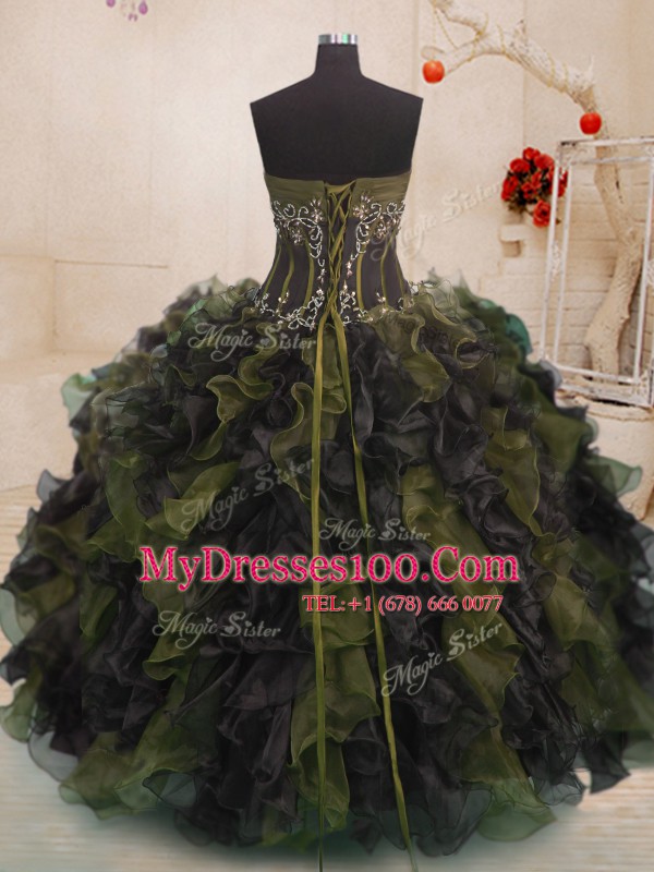 Inexpensive Multi-color Organza Lace Up Quinceanera Gown Sleeveless Floor Length Beading and Ruffles