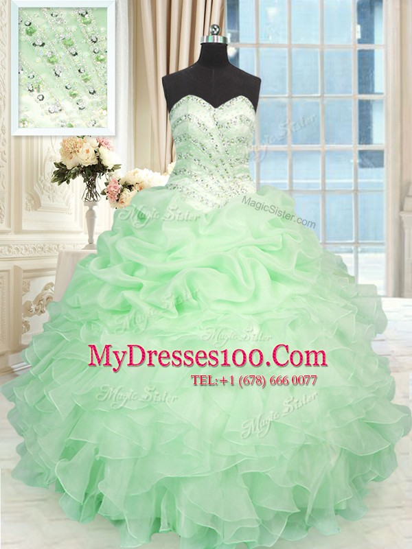 Sleeveless Floor Length Beading and Ruffles Lace Up Sweet 16 Quinceanera Dress with Apple Green