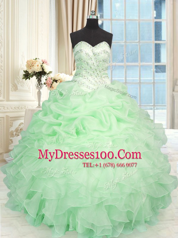 Sleeveless Floor Length Beading and Ruffles Lace Up Sweet 16 Quinceanera Dress with Apple Green