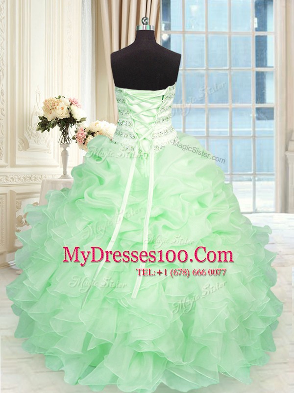 Sleeveless Floor Length Beading and Ruffles Lace Up Sweet 16 Quinceanera Dress with Apple Green