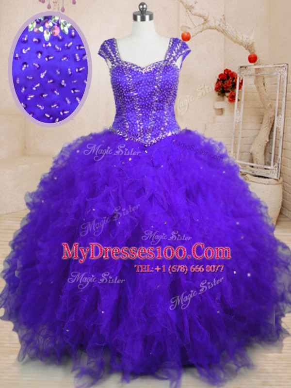 Tulle Cap Sleeves Floor Length Sweet 16 Quinceanera Dress and Beading and Ruffles and Sequins