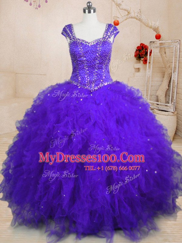 Tulle Cap Sleeves Floor Length Sweet 16 Quinceanera Dress and Beading and Ruffles and Sequins