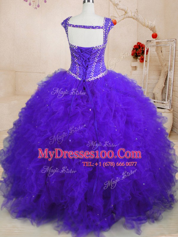 Tulle Cap Sleeves Floor Length Sweet 16 Quinceanera Dress and Beading and Ruffles and Sequins