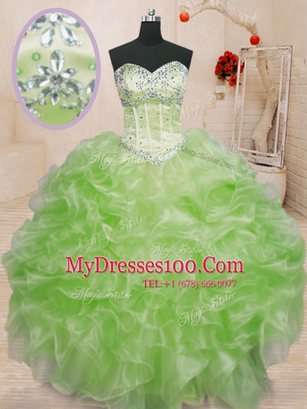 Sleeveless Organza Floor Length Lace Up Vestidos de Quinceanera in with Beading and Ruffles