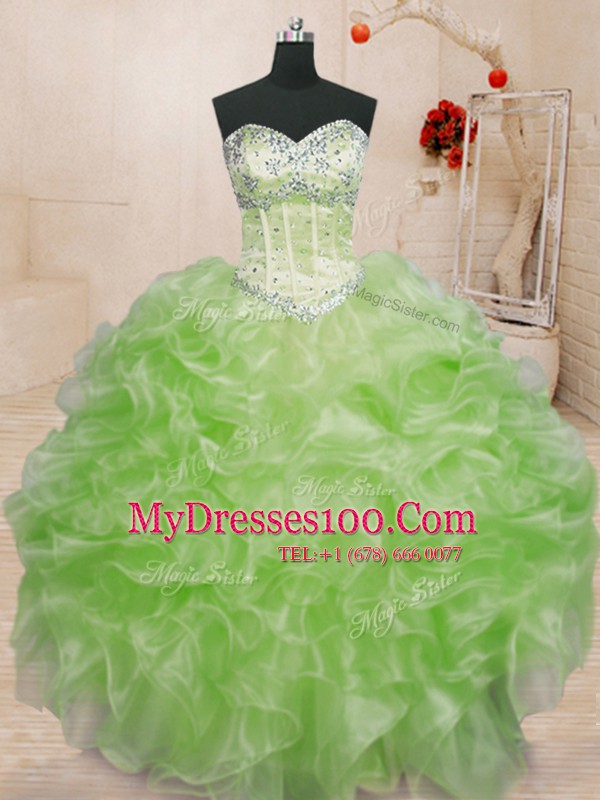 Sleeveless Organza Floor Length Lace Up Vestidos de Quinceanera in with Beading and Ruffles