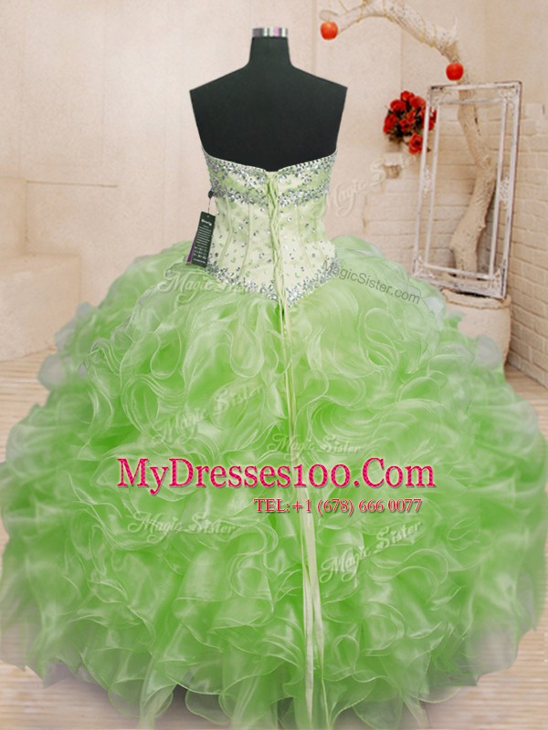 Sleeveless Organza Floor Length Lace Up Vestidos de Quinceanera in with Beading and Ruffles