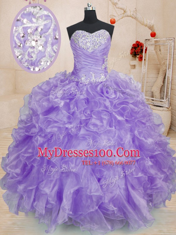 Sweetheart Sleeveless Organza Quince Ball Gowns Beading and Ruffles Lace Up