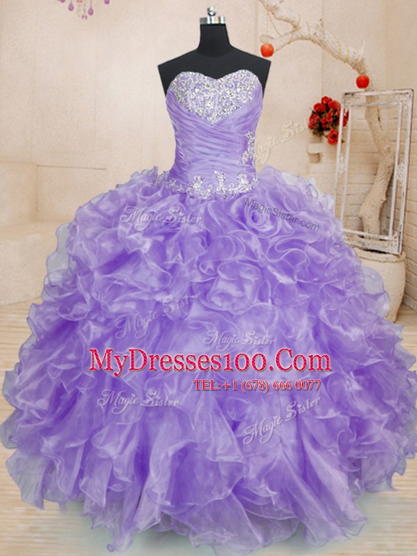Sweetheart Sleeveless Organza Quince Ball Gowns Beading and Ruffles Lace Up