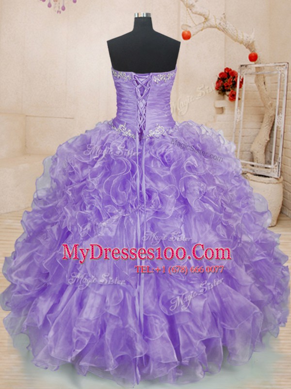Sweetheart Sleeveless Organza Quince Ball Gowns Beading and Ruffles Lace Up