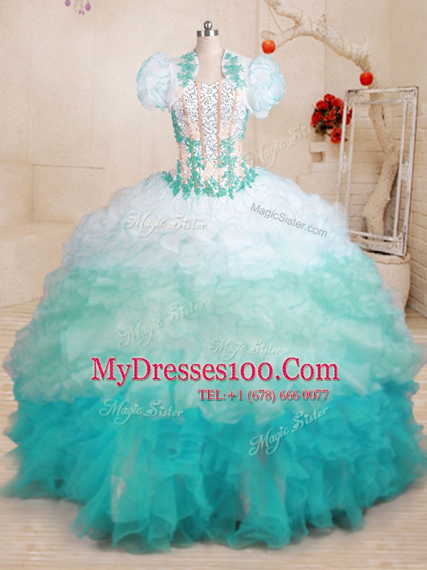 Chic Organza Sleeveless With Train Ball Gown Prom Dress Brush Train and Beading and Appliques and Ruffles