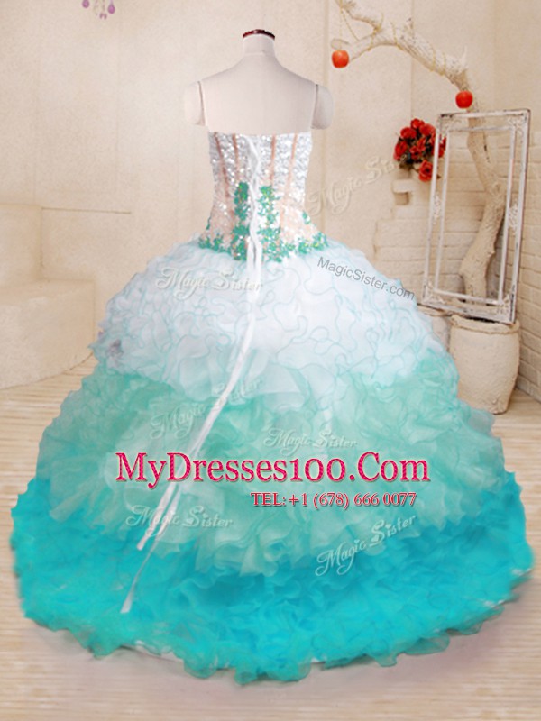 Chic Organza Sleeveless With Train Ball Gown Prom Dress Brush Train and Beading and Appliques and Ruffles