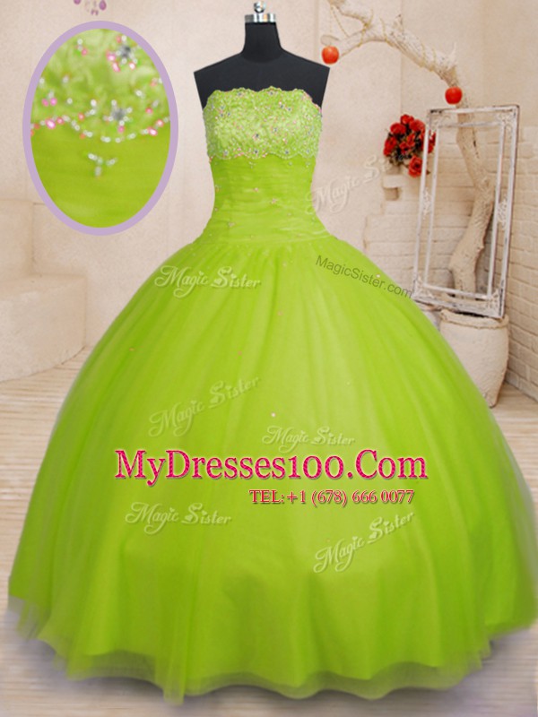 Yellow Green Ball Gowns Beading Quinceanera Dress Lace Up Tulle Sleeveless Floor Length