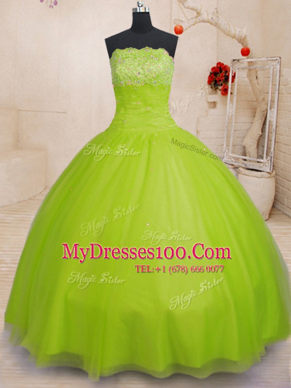 Yellow Green Ball Gowns Beading Quinceanera Dress Lace Up Tulle Sleeveless Floor Length