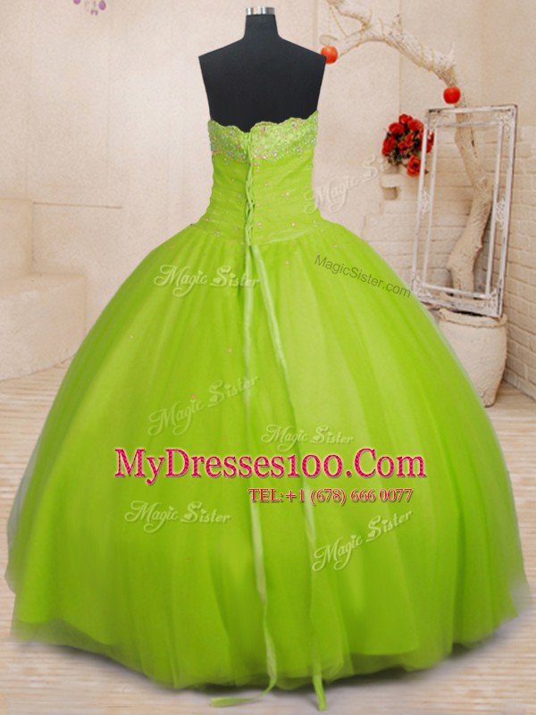 Yellow Green Ball Gowns Beading Quinceanera Dress Lace Up Tulle Sleeveless Floor Length