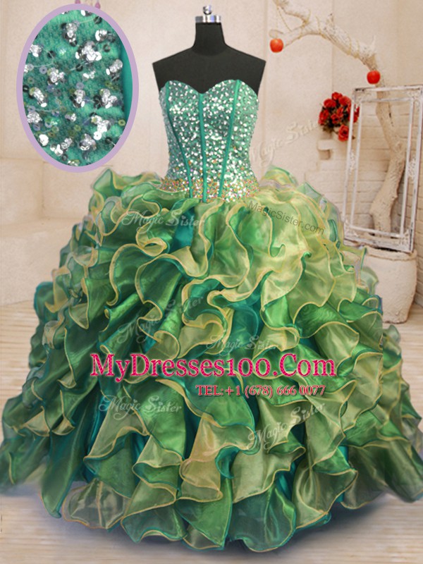 Sophisticated Multi-color Sleeveless Beading and Ruffles Floor Length Quince Ball Gowns