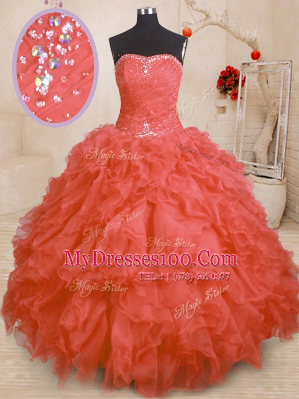 Glamorous Orange Red Organza Lace Up Strapless Sleeveless Floor Length Sweet 16 Quinceanera Dress Beading and Ruffles and Ruching