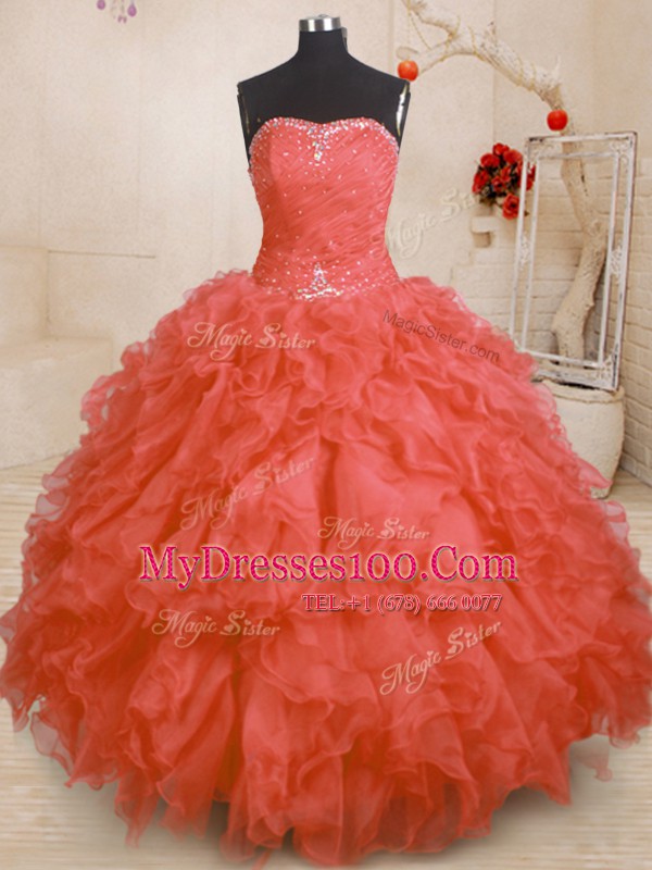 Glamorous Orange Red Organza Lace Up Strapless Sleeveless Floor Length Sweet 16 Quinceanera Dress Beading and Ruffles and Ruching