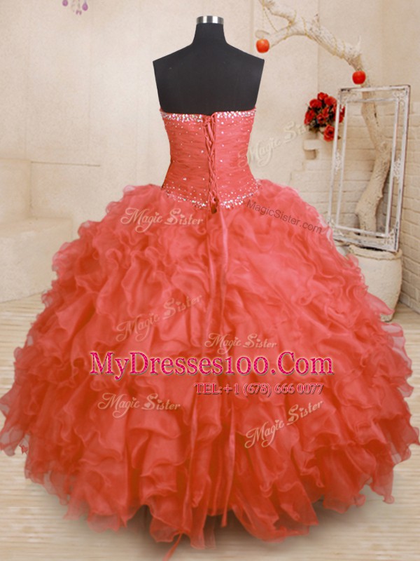 Glamorous Orange Red Organza Lace Up Strapless Sleeveless Floor Length Sweet 16 Quinceanera Dress Beading and Ruffles and Ruching
