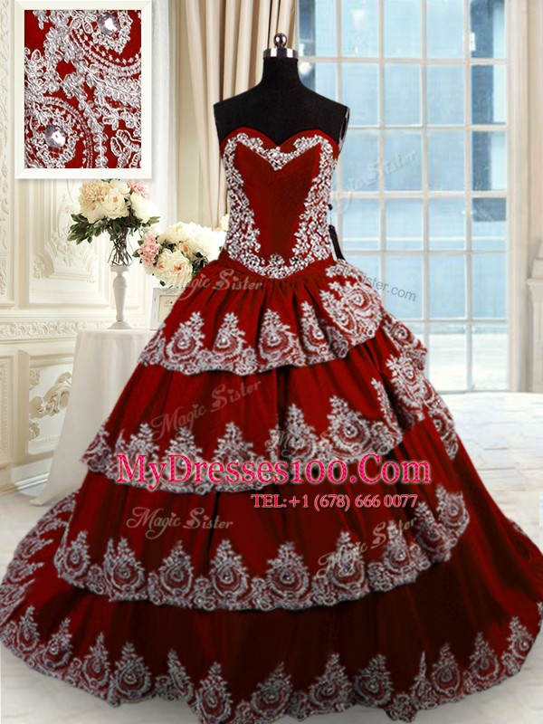 Designer With Train Wine Red Vestidos de Quinceanera Taffeta Court Train Sleeveless Beading and Appliques and Ruffled Layers