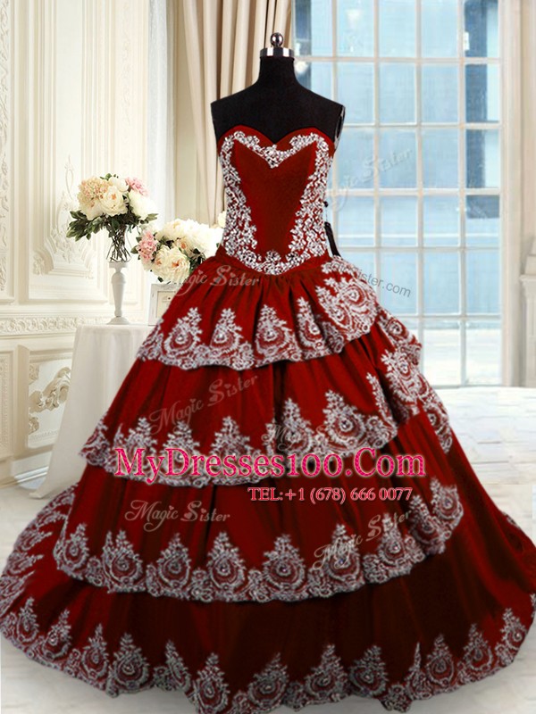 Designer With Train Wine Red Vestidos de Quinceanera Taffeta Court Train Sleeveless Beading and Appliques and Ruffled Layers