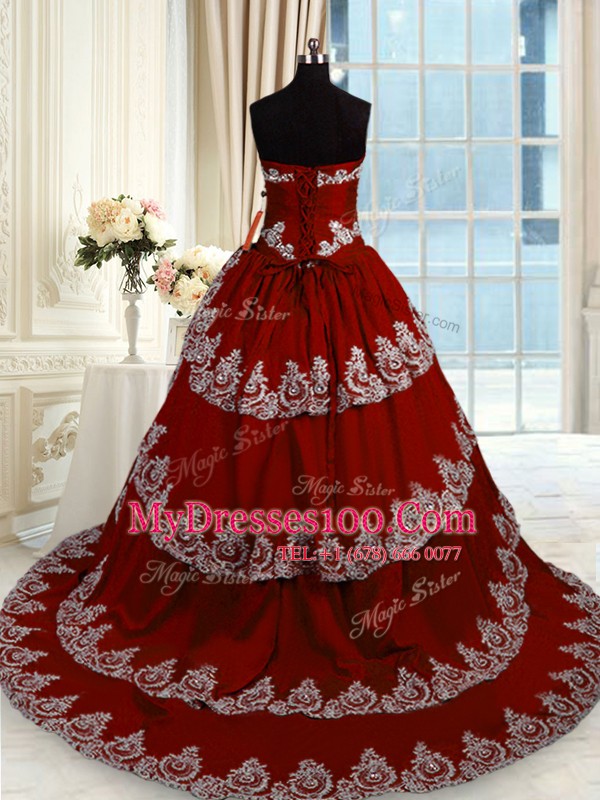 Designer With Train Wine Red Vestidos de Quinceanera Taffeta Court Train Sleeveless Beading and Appliques and Ruffled Layers