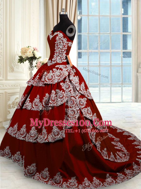 Designer With Train Wine Red Vestidos de Quinceanera Taffeta Court Train Sleeveless Beading and Appliques and Ruffled Layers