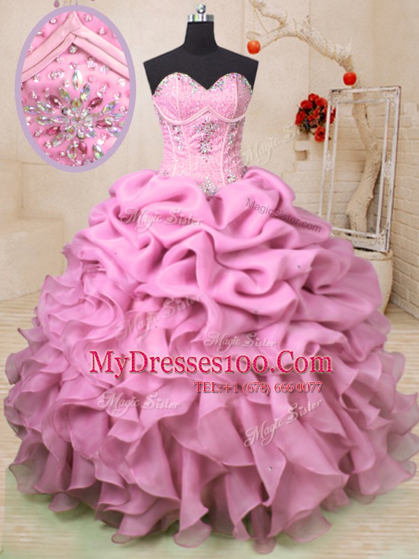 Fashion Pick Ups Ball Gowns Quinceanera Dresses Baby Pink Sweetheart Organza Sleeveless Floor Length Lace Up