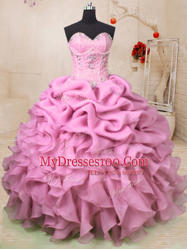 Fashion Pick Ups Ball Gowns Quinceanera Dresses Baby Pink Sweetheart Organza Sleeveless Floor Length Lace Up