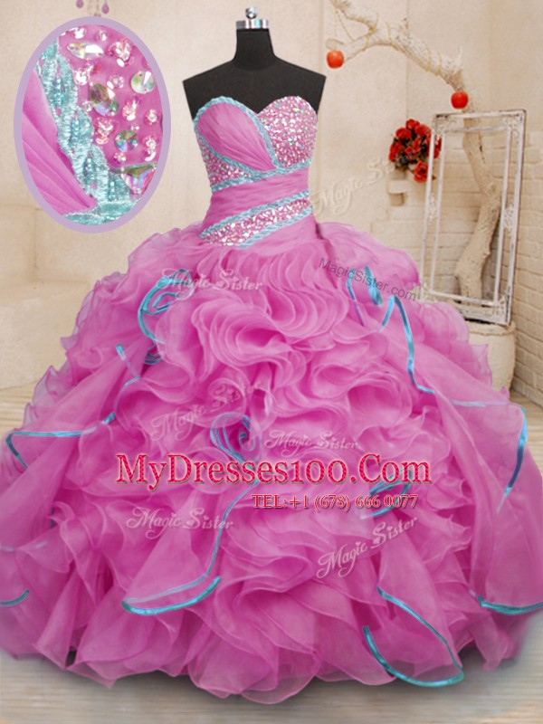 Sweetheart Sleeveless Quinceanera Dresses With Brush Train Beading and Ruffles Rose Pink Organza