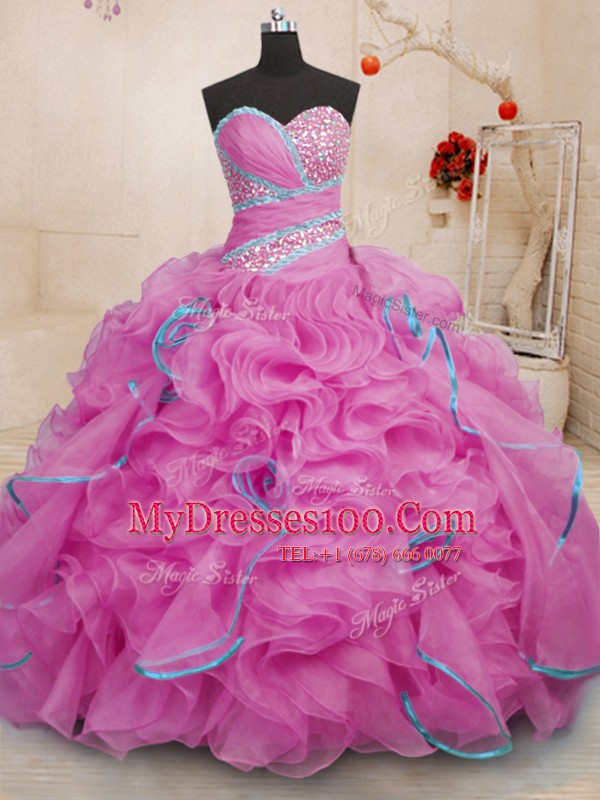 Sweetheart Sleeveless Quinceanera Dresses With Brush Train Beading and Ruffles Rose Pink Organza