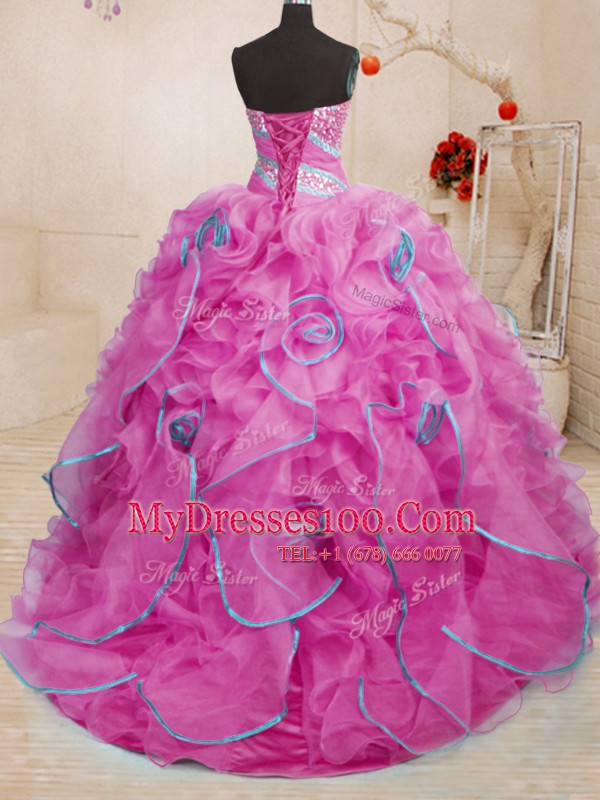 Sweetheart Sleeveless Quinceanera Dresses With Brush Train Beading and Ruffles Rose Pink Organza