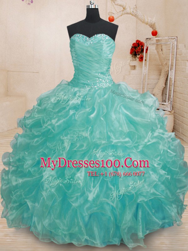 Floor Length Teal Vestidos de Quinceanera Sweetheart Sleeveless Lace Up