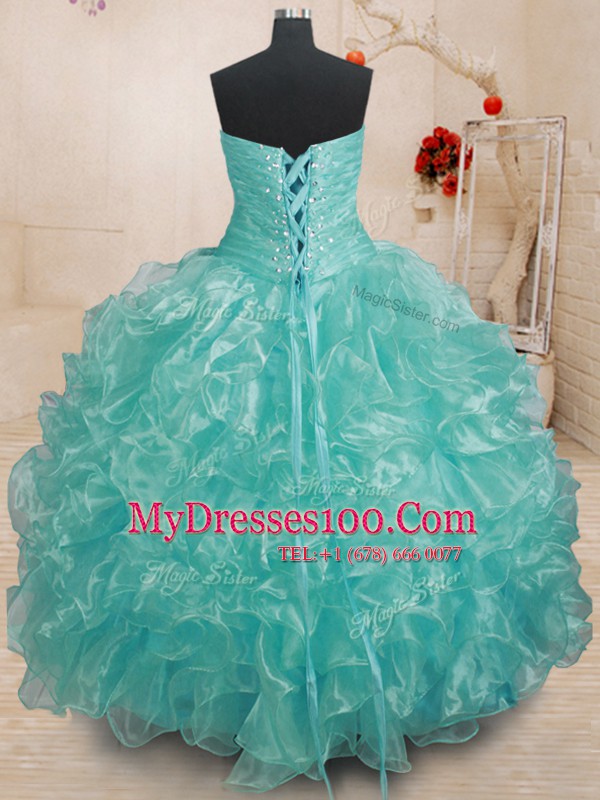 Floor Length Teal Vestidos de Quinceanera Sweetheart Sleeveless Lace Up