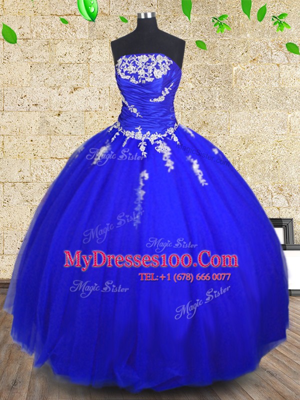 Classical Royal Blue Ball Gowns Tulle Strapless Sleeveless Appliques and Ruching Floor Length Lace Up 15 Quinceanera Dress