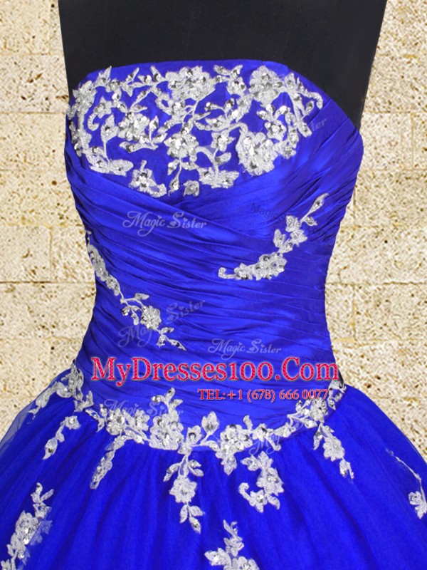 Classical Royal Blue Ball Gowns Tulle Strapless Sleeveless Appliques and Ruching Floor Length Lace Up 15 Quinceanera Dress