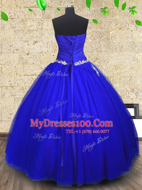 Classical Royal Blue Ball Gowns Tulle Strapless Sleeveless Appliques and Ruching Floor Length Lace Up 15 Quinceanera Dress