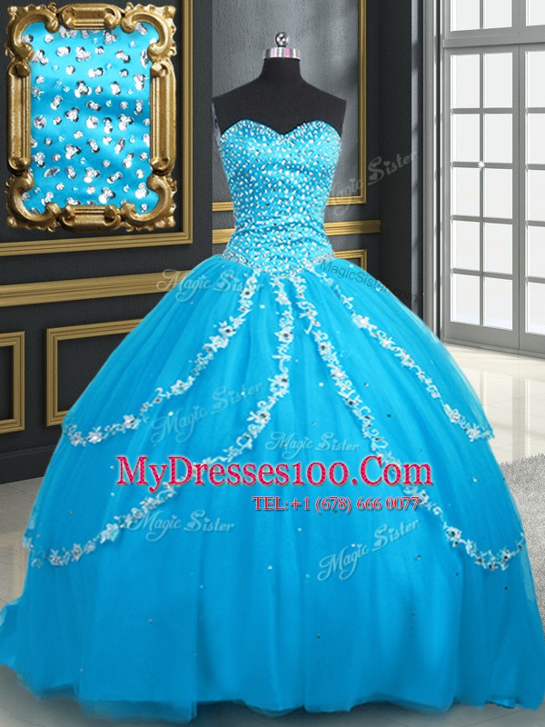 On Sale With Train Baby Blue Quinceanera Dresses Tulle Brush Train Sleeveless Beading and Appliques