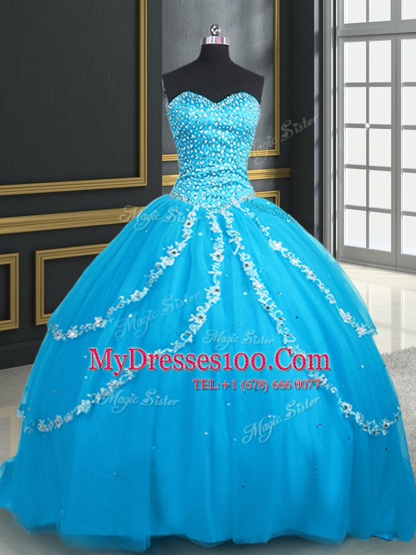 On Sale With Train Baby Blue Quinceanera Dresses Tulle Brush Train Sleeveless Beading and Appliques