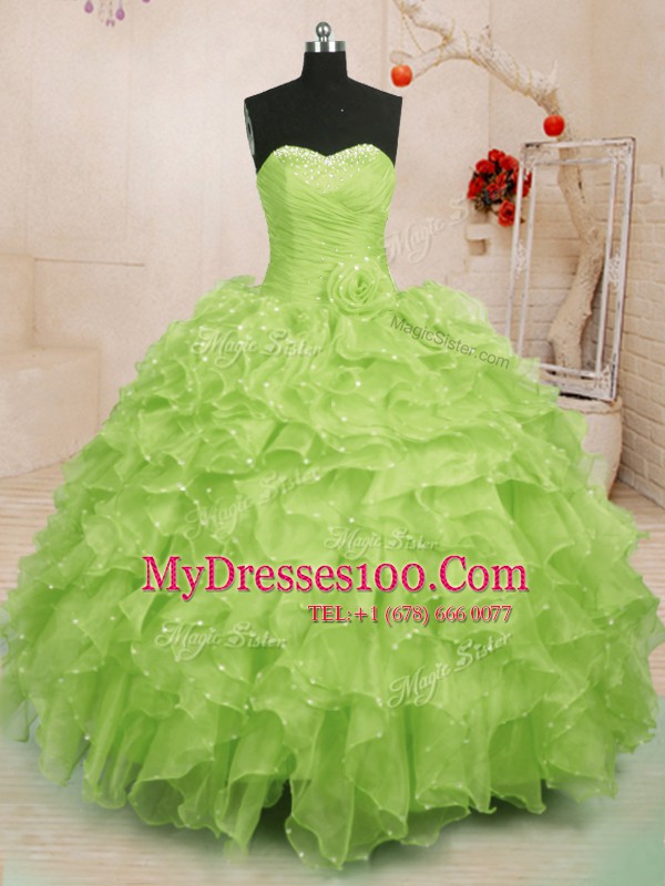 Organza Sleeveless Floor Length Vestidos de Quinceanera and Beading and Ruffles and Hand Made Flower