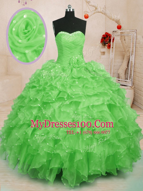 Inexpensive Sleeveless Beading and Ruffles and Hand Made Flower Lace Up 15th Birthday Dress