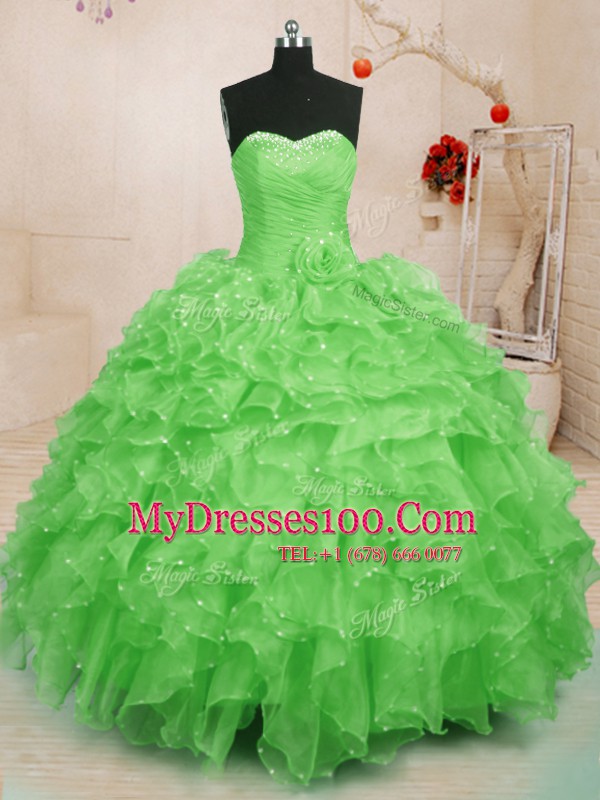 Inexpensive Sleeveless Beading and Ruffles and Hand Made Flower Lace Up 15th Birthday Dress
