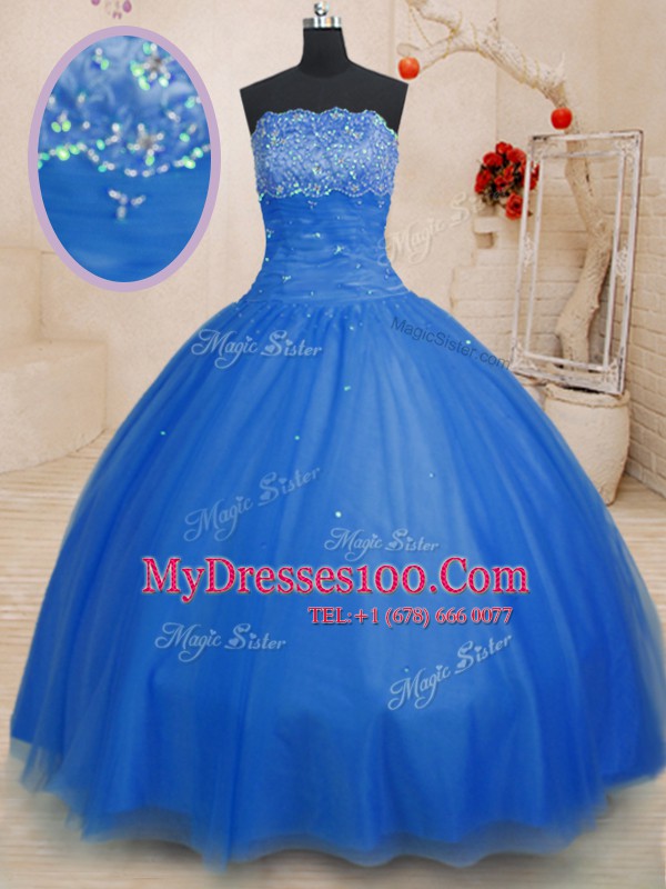 Blue Lace Up Strapless Beading 15 Quinceanera Dress Tulle Sleeveless