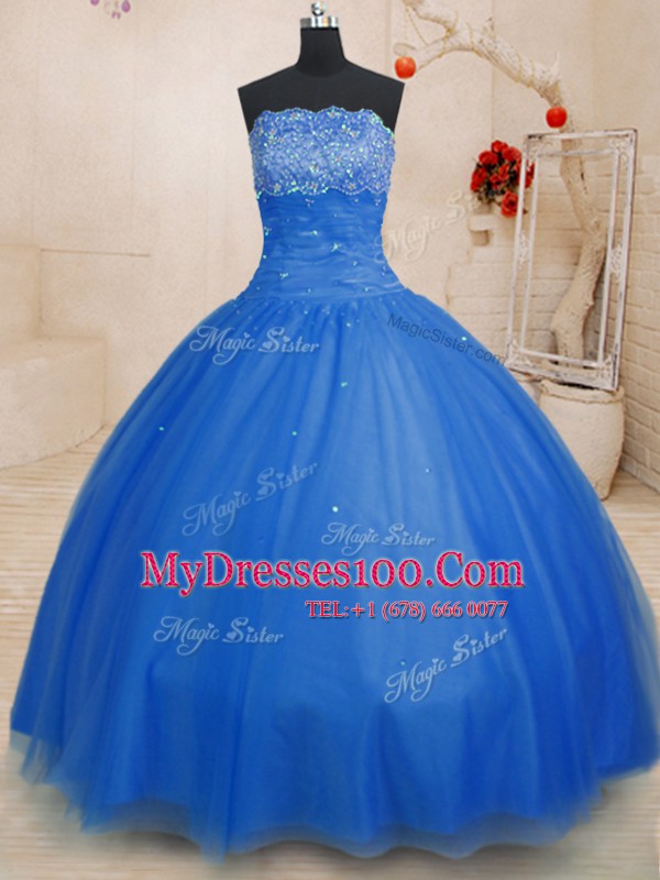 Blue Lace Up Strapless Beading 15 Quinceanera Dress Tulle Sleeveless